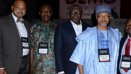(L-r): Ayotunde Coker, managing director, Rack Centre Ltd; Sunday Folayan, president, Nigeria Internet Registration Association (NiRA); Pius Okigbo (jr.), president, Institute of Software Practitioners of Nigeria (ISPON); Peter Jack, DG of NITDA and Prof Sola Adewumi, president, Nigeria Computer Society (NCS), at DEMO Africa 2015.